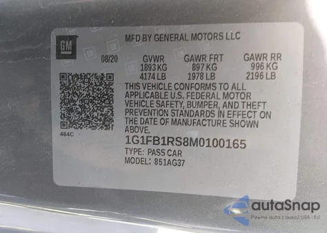 2021 Chevrolet Camaro Rwd 1Lt z USA, uszkodzony, nr VIN 1G1FB1RS8M0100165